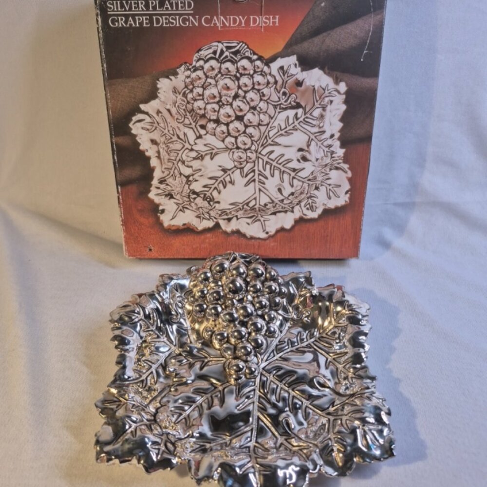 Silver Plate Candy Dish Grape Cluster & Leaf Design 7"×7"